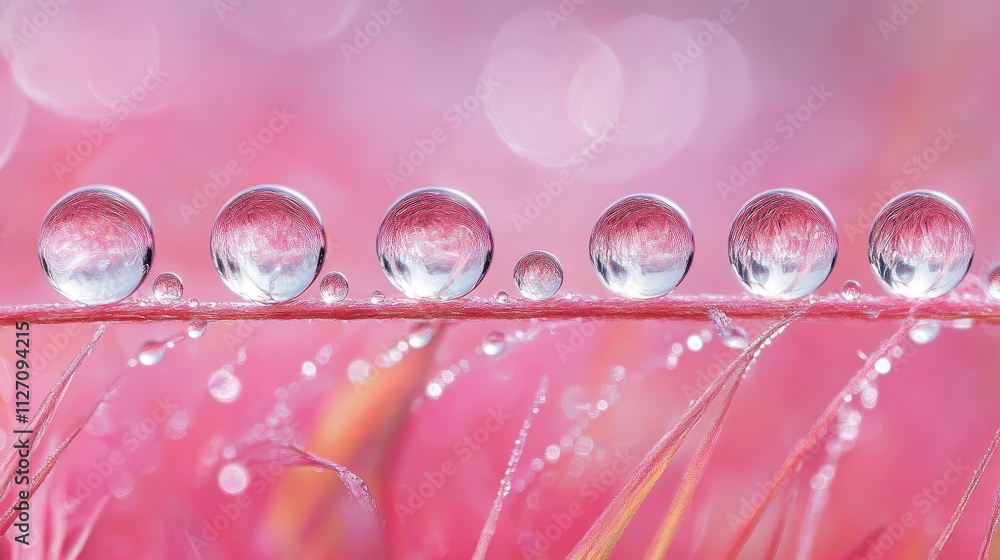 Poster macro image of water droplets collecting in a line along a blade of grass.