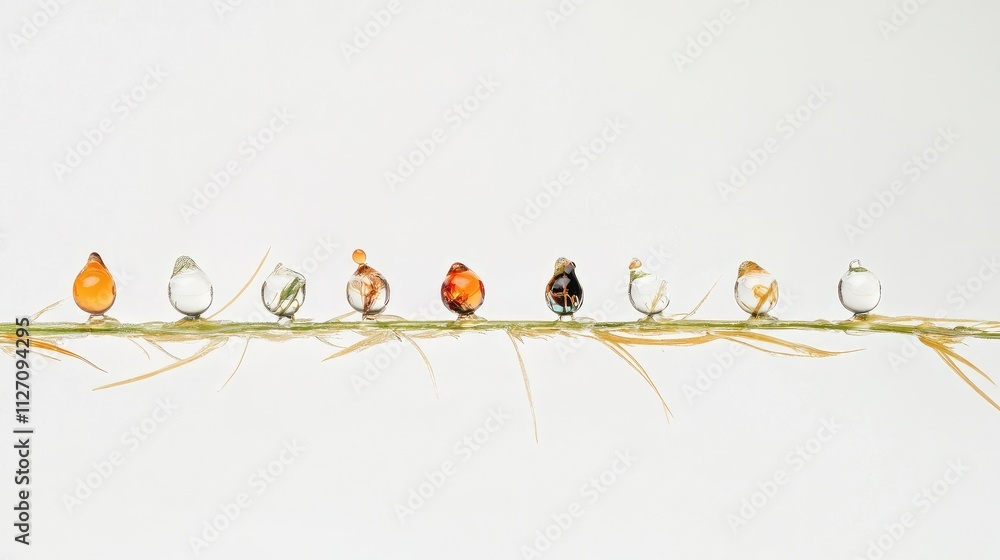 Poster macro image of water droplets collecting in a line along a blade of grass.