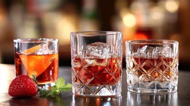 A selection of cocktails served in elegant glasses, garnished with fruit and mint.