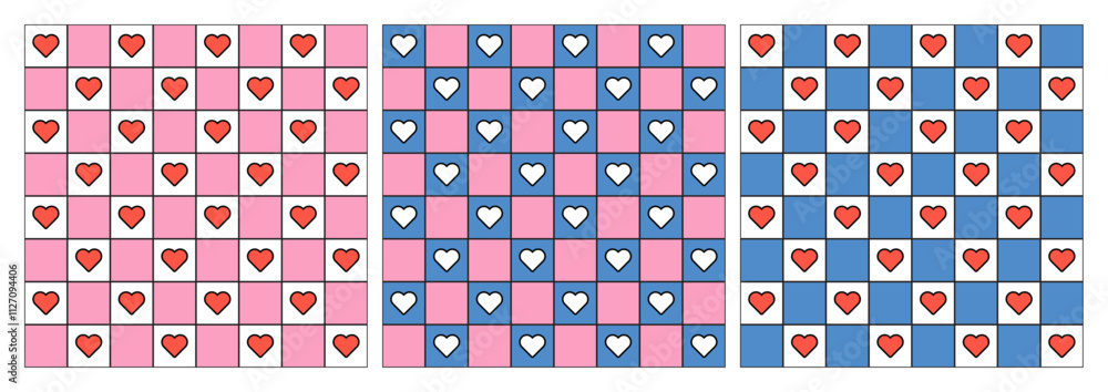 Poster valentines day. seamless pattern horizontal retro checkered print with hearts. love mood. playful co