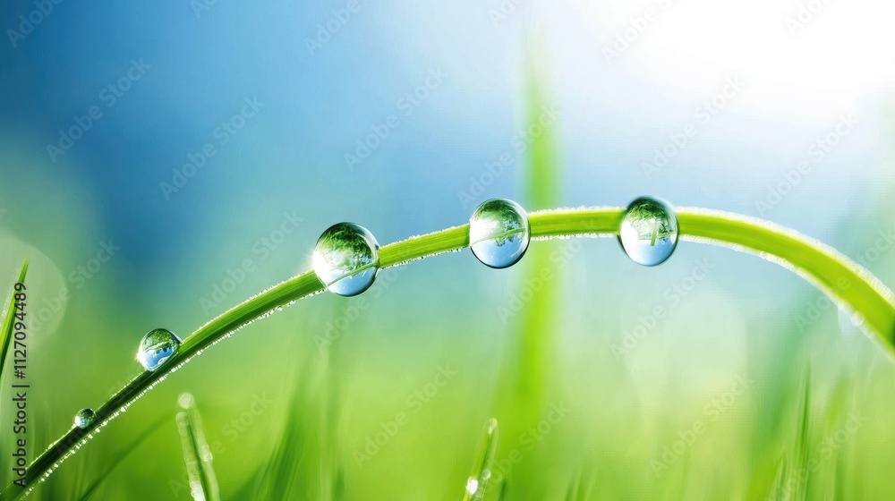 Poster macro image of water droplets collecting in a line along a blade of grass.