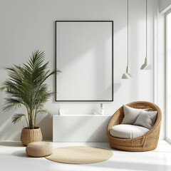 Empty frame art mockup wall, Picture frame on wall, White studio template Product display with modern concept, modern decorations, luxury interior 