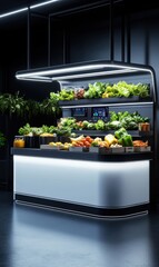 Modern kitchen display with fresh vegetables and fruits on illuminated shelves in a trendy urban setting