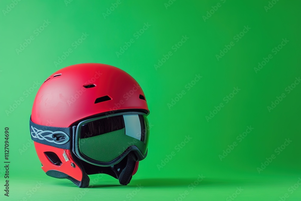 Poster minimalistic photo of red ski helmet placed on solid green background positioned left with 80 copy s