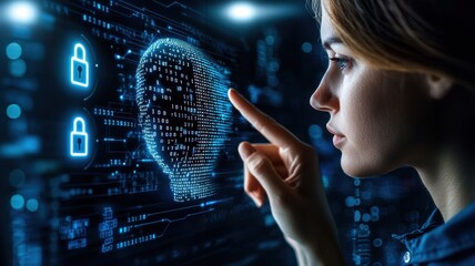 A woman interacts with a digital interface, exploring virtual security and biometric identification concepts in a futuristic setting.