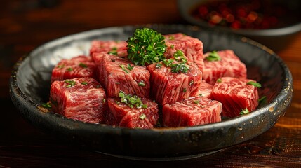 Raw Diced Beef Cubes with Seasoning Ready to Cook Traditional Japanese Grill Restaurant Cuisine