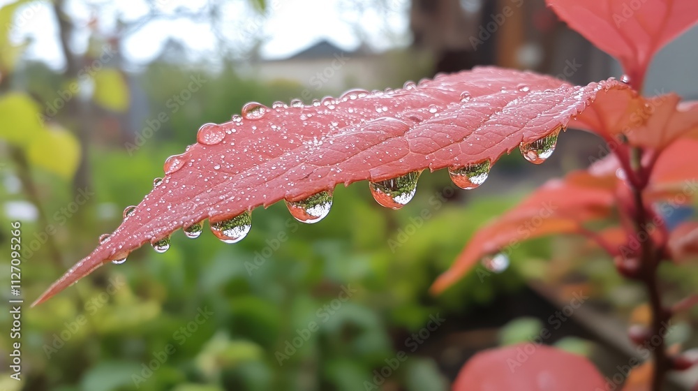 Aufkleber macro view of water droplets aligned along the edges of a red leaf.
