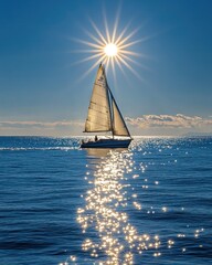Obraz premium A sailboat glides across sparkling water under a sunburst, creating a serene seascape.