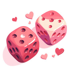 Two pink dice with red hearts on them, in a clip art style, with a simple design,in a cute.

