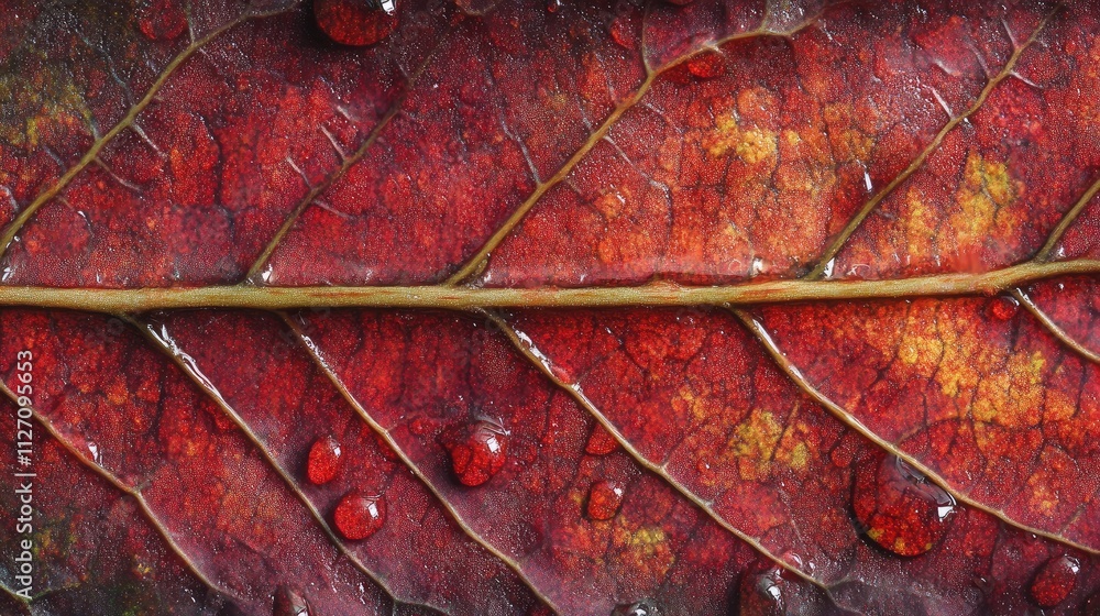 Poster macro view of water droplets aligned along the edges of a red leaf.