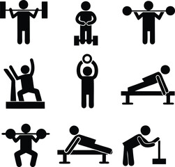 Fitness Gym Workout Exercises Strength Training Icons Set