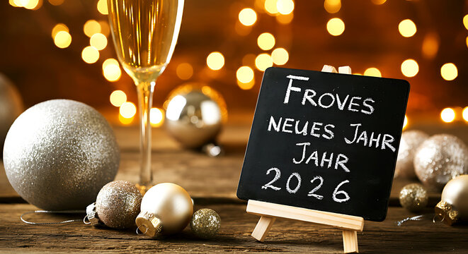 New Year's Eve Celebration with Champagne Flute and 'Frohes Neues Jahr 2026' Sign