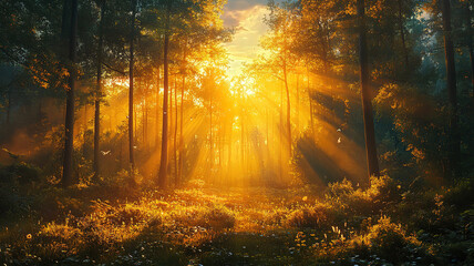 Sunlit forest panorama showcasing the beauty of nature’s rays
