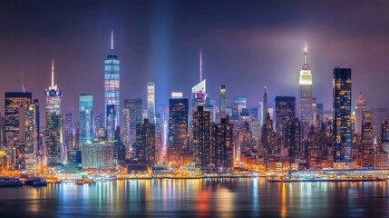 Stunning Night City Skyline with Bright Lights and Reflections