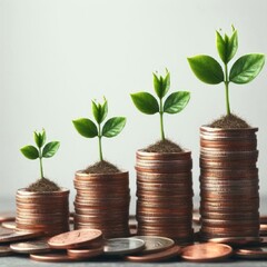 Coin stacks with sprouts close-up on a white background. Generated with AI.