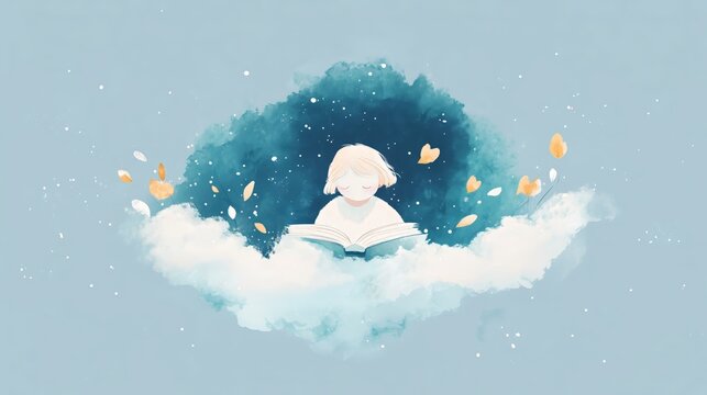 Dreamy imagination of a child reading a book on soft clouds and gentle colors