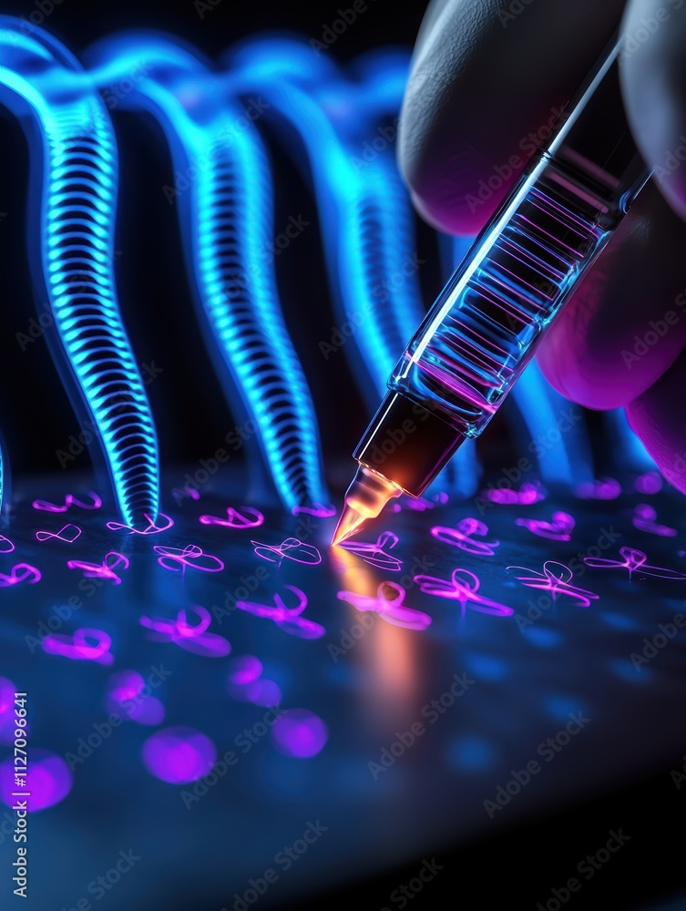 Poster a vibrant close-up of a hand holding a pen, creating glowing patterns on a surface illuminated with 