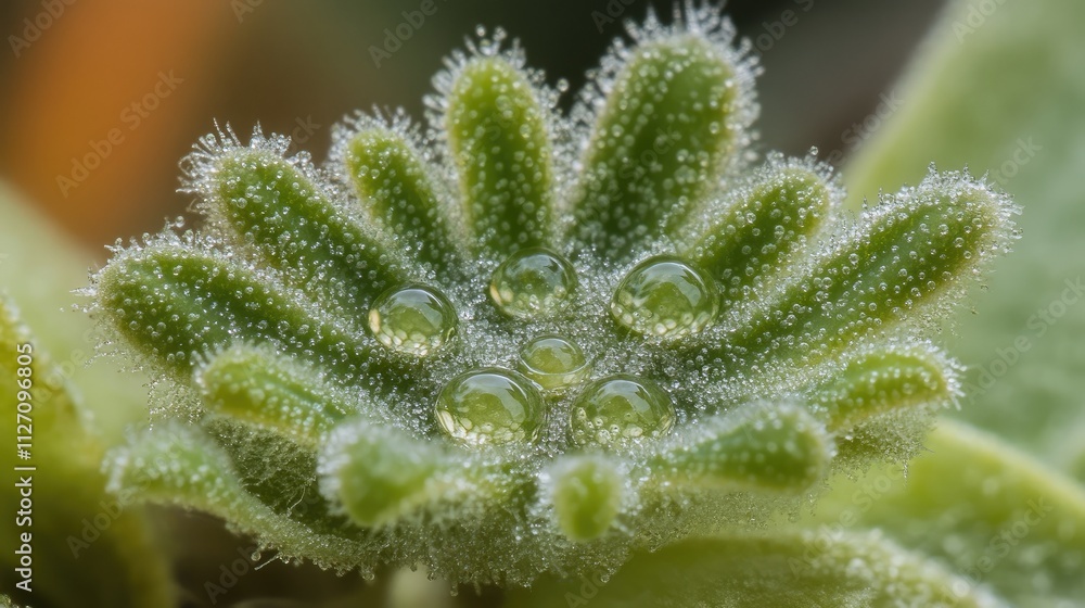 Poster tiny water droplets clustered together on a soft, fuzzy leaf surface.