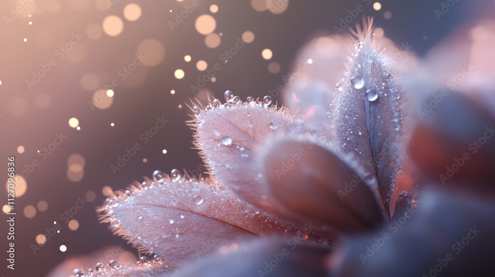 Poster tiny water droplets clustered together on a soft, fuzzy leaf surface.