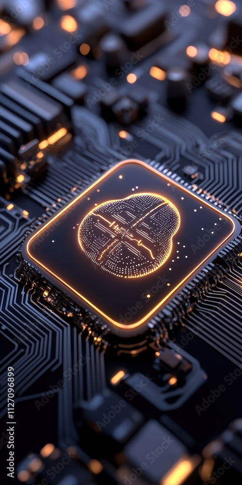 Poster a close-up image of a glowing microchip on a dark circuit board, showcasing intricate details and a 