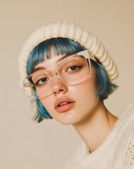 A photo of the model is wearing a cream-colored knitted cap, short blue hair, and large square glasses with white frames. The background should be beige, and she is looking at the camera.