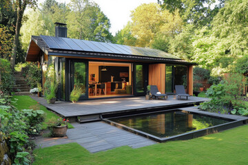 Smart house with solar panels on the roof, sustainable and responsible architecture for housing in a green neighborhood.