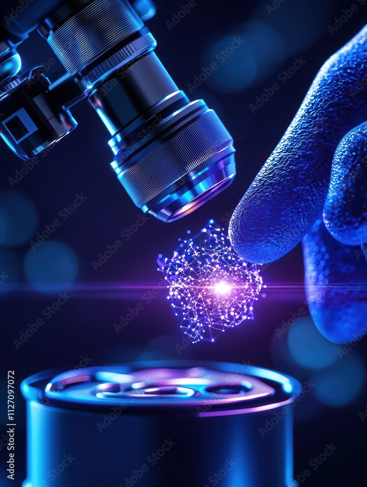 Poster a hand reaches towards a glowing particle above a can, examined under a microscope, showcasing a ble