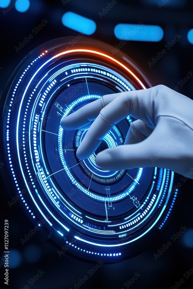 Poster a futuristic hand interacts with a glowing digital interface, showcasing advanced technology and int