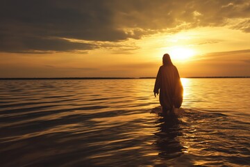 Fototapeta premium A man is walking in the water at sunset. The water is calm and the sky is orange