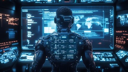 A futuristic figure with a high-tech interface, engaged in data analysis.
