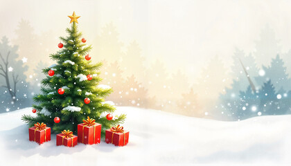 Obraz premium Christmas tree with ornaments and gifts, festive and cheerful, in a snowy winter landscape