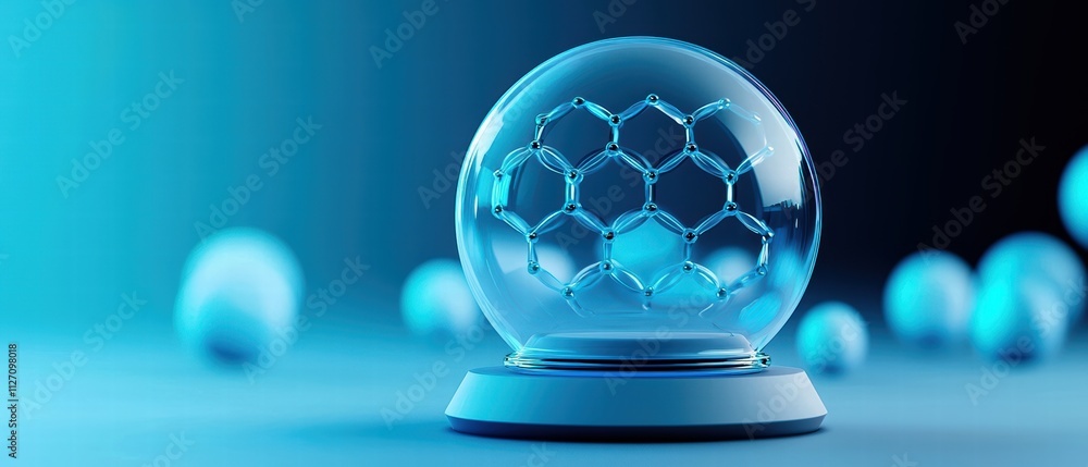 Poster a futuristic glass sphere with a hexagonal pattern, glowing in blue light, surrounded by blurred orb