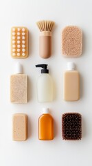 Eco-Friendly Cleaning Products Flat Lay with Bamboo Brushes - Sustainable Living Concept