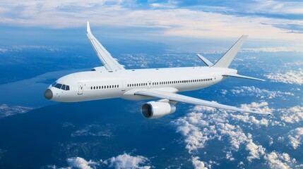 Obraz premium White Airplane Flying Between Clouds Over Scenic Aerial Landscape