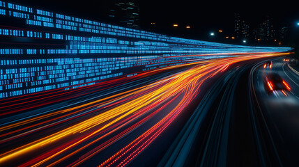 Digital Highway: Data streams illuminate a speeding highway at night, symbolizing the rapid pace of technological advancements and the flow of information in the modern digital age.