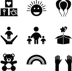 Childcare Icons Happiness, Play, Family, Toys, and Development