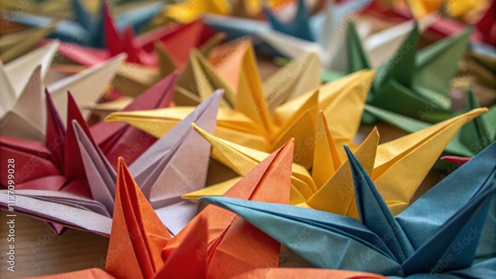 Poster A vibrant collection of origami cranes, folded with precision and painted in a spectrum of colors, creates a visually stunning and tactile display of intricate craftsmanship.