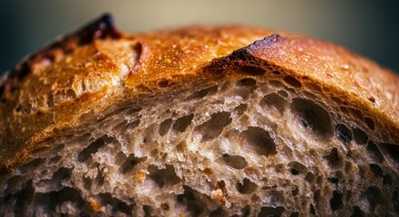 Macro Shot of Bread: Porous Interior and Golden-Brown Crust with Soft Muted Background