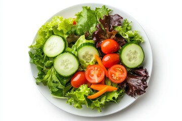Fresh and Vibrant Salad on White Ceramic Plate - Healthy Eating Concept with Mixed Greens, Cherry Tomatoes, Cucumbers, and Carrots on Clean Background