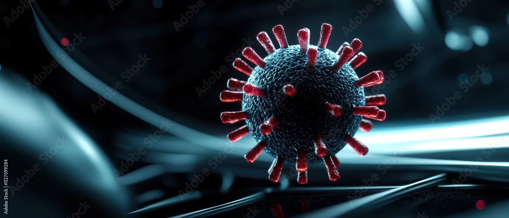Poster a close-up of a virus model with a dark background, showcasing its structure and spikes, emphasizing