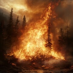 Fototapeta premium Majestic Wildfire Burning in Forest with Dramatic Sky Effects