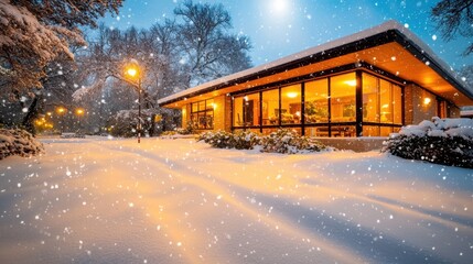 The snow covered ground glistened under the soft glow of the moonlight, casting a serene ambiance over the scene