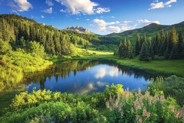 Mountain Lake Reflecting Majestic Peaks and Lush Greenery