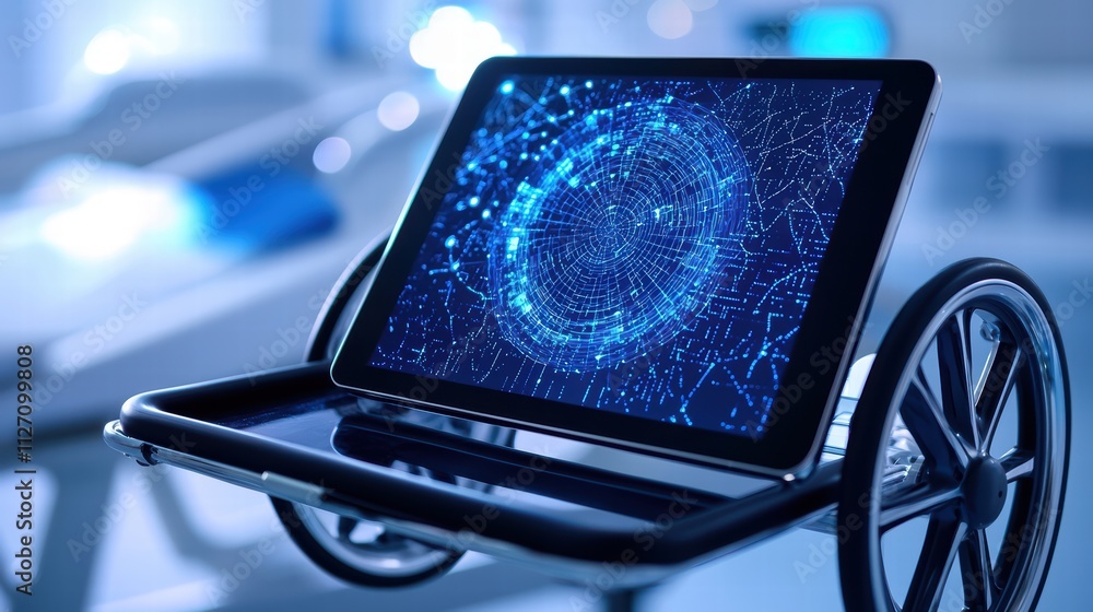 Poster a sleek tablet displaying a digital network graphic, positioned on a wheeled cart in a modern, high-