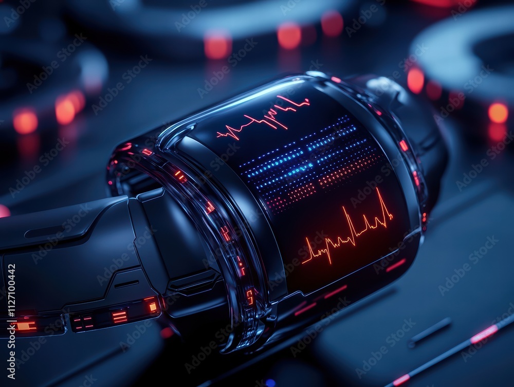 Poster a futuristic smartwatch displaying a vibrant interface with heartbeat graphics and glowing elements,