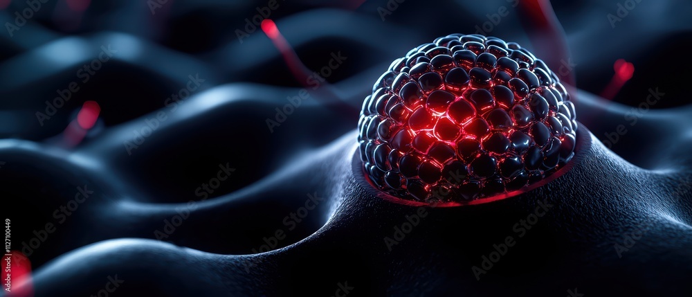 Poster a glowing, red spherical structure rests on a textured dark surface, evoking a sense of depth and in