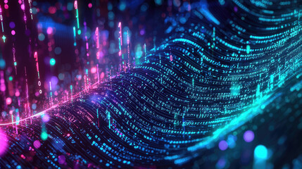 Colorful digital data stream with abstract wave patterns and dynamic lights