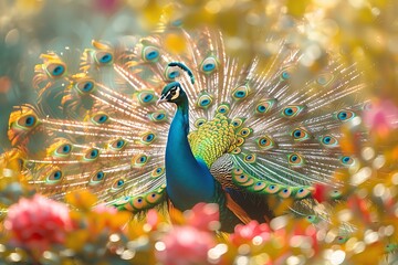 Obraz premium A vibrant peacock displaying its dazzling plumage among lush floral surroundings.