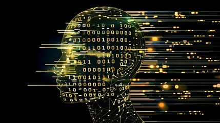 An abstract representation of AI with a glowing humanoid head and binary code.