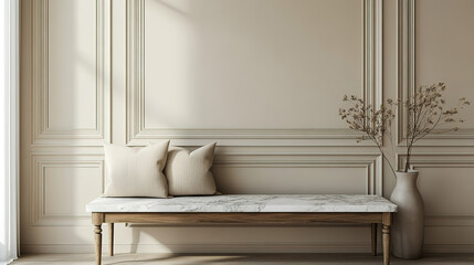 Refined entryway design with a marble console table, pillow-filled bench, and beige paneling wall